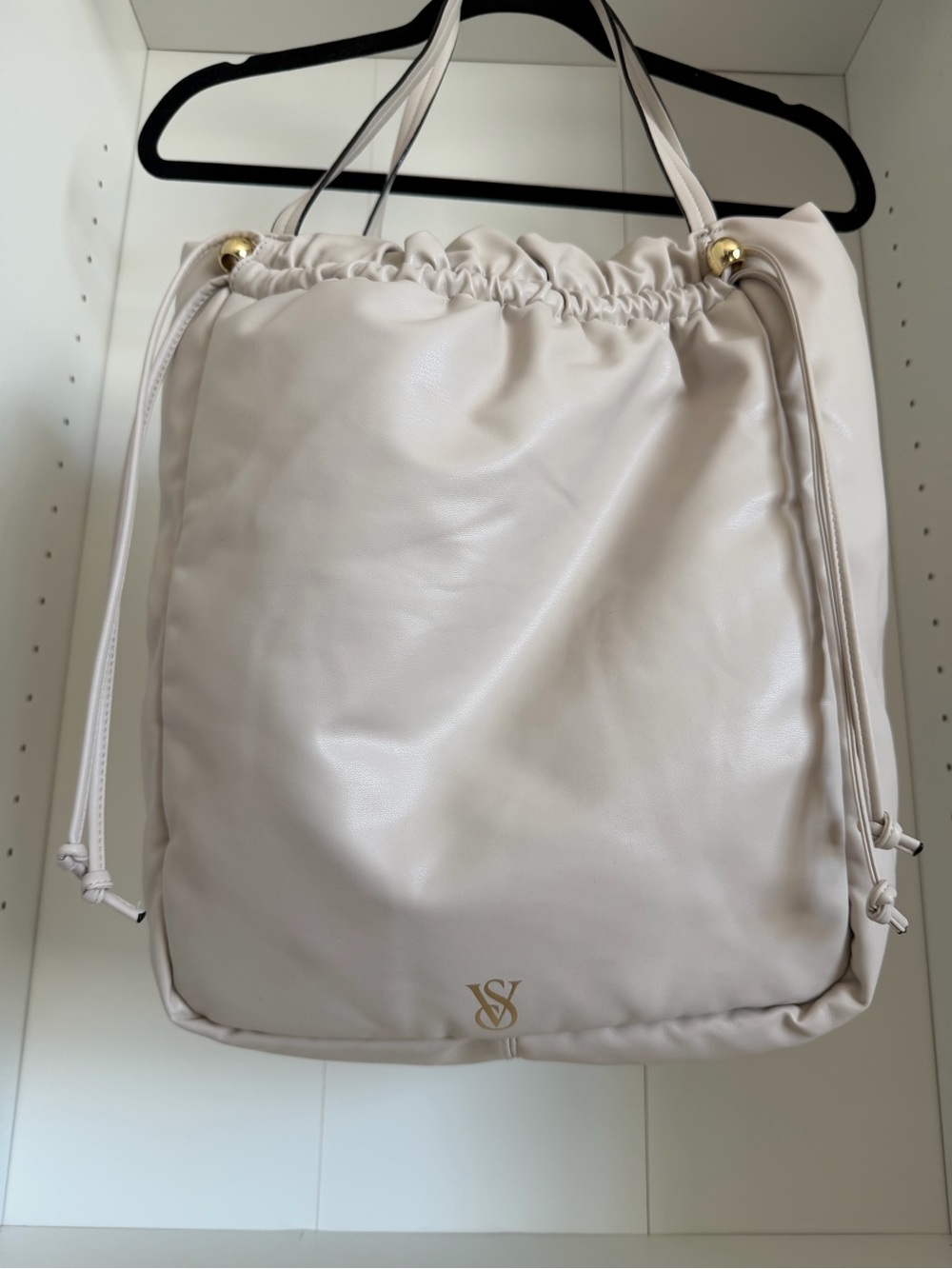 Victoria's Secret Cream Drawstring Tote with Gold Accents